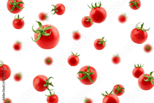 Falling tomato cherry isolated on white background, selective focus
