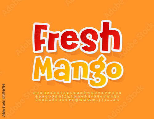 Vector colorful poster Fresh Mango. Funny yellow Font. Modern Artistic Alphabet Letters and Numbers set.