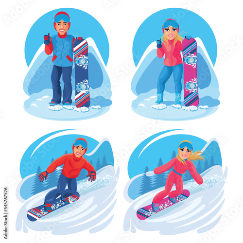 Set of boy and girl snowboarder in a ski siut, hat, ski glasses, gloves and boots stands and rides snowboard on the mountain background. Cartoon character, simbol, emblem, sticker. Winter sports