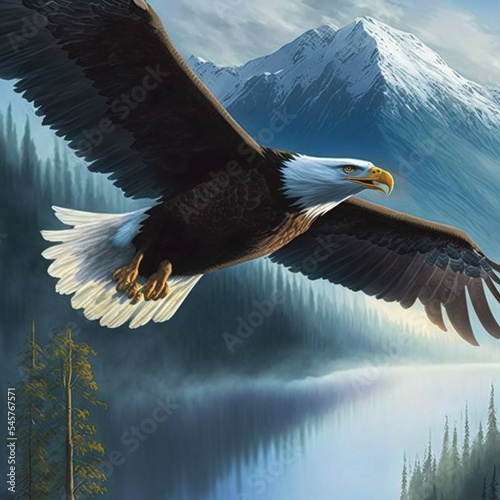 Fototapete American Eagle in flight in the mountains