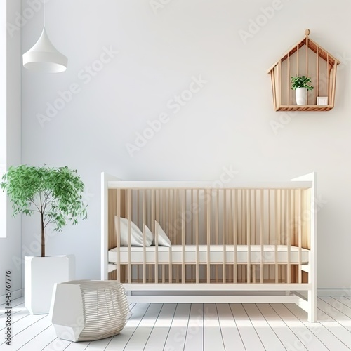 Scandinavian nursery. The wooden crib near empty white wall. Interior mock up. 3d rendering. © AkuAku