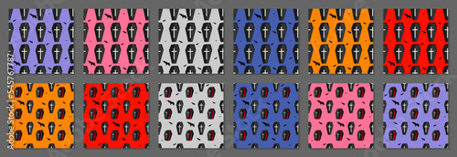 Halloween seamless patterns. Set holiday posters design template. Carnival backgrounds, vector illustration