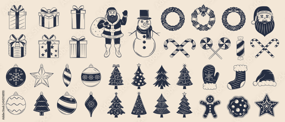 Christmas vector icons set. 38 Christmas vintage icons and silhouettes isolated on white background. Cute decorations for logo, emblem, poster, banner, invitation, background design.	