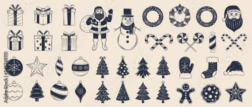 Christmas vector icons set. 38 Christmas vintage icons and silhouettes isolated on white background. Cute decorations for logo, emblem, poster, banner, invitation, background design.	