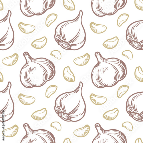 Whole garlic and garlic cloves. Garlic seamless pattern. Vector illustration.