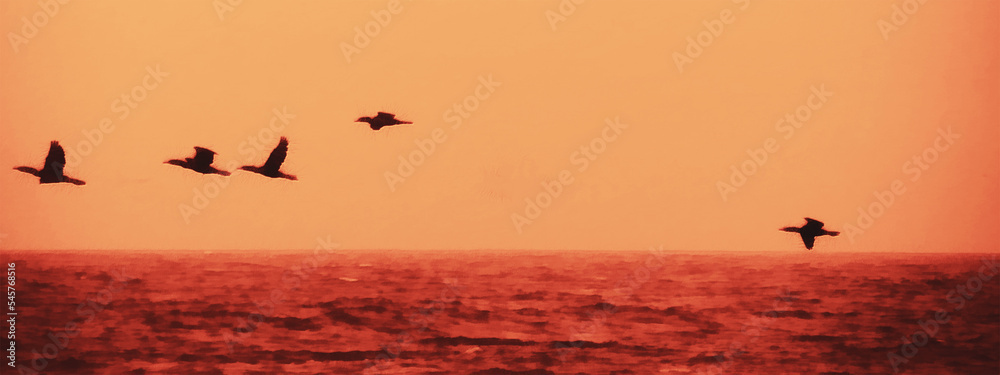 Fototapeta premium A flock of ducks flies over the lake, a work of art on the theme of nature