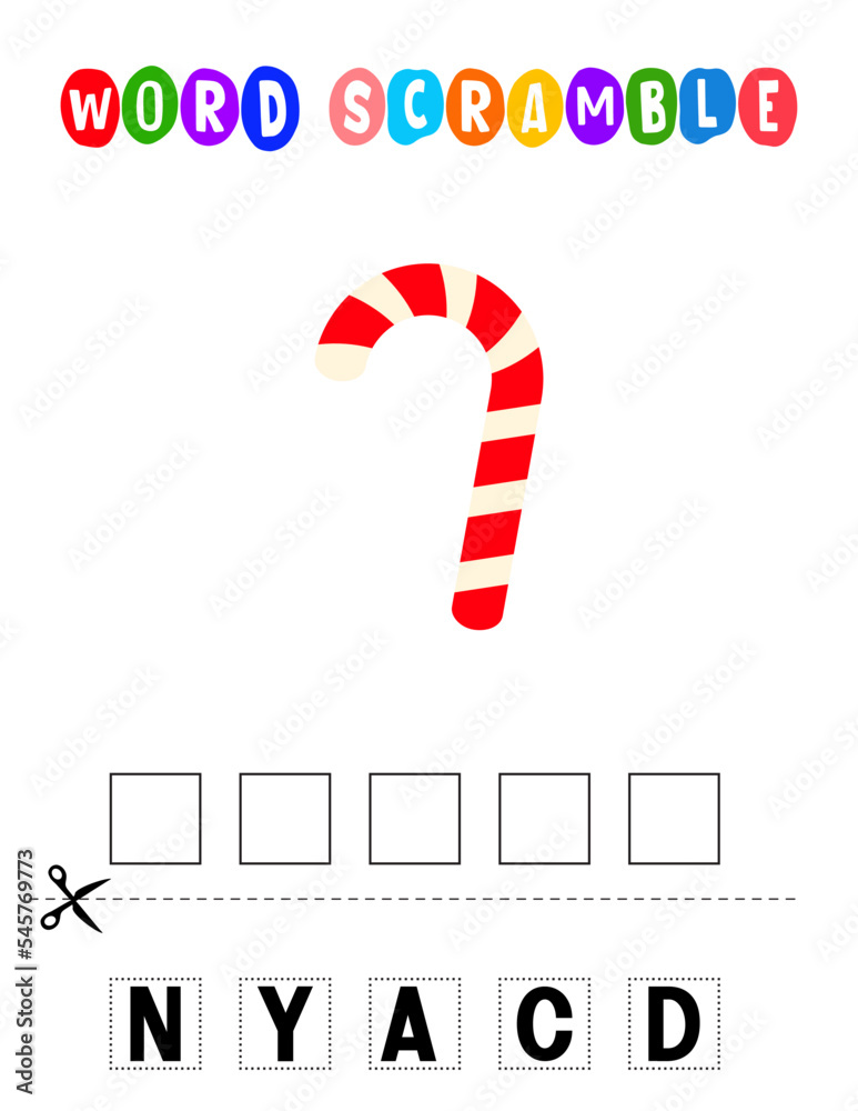 Candy Word scramble . Educational game for kids. English language