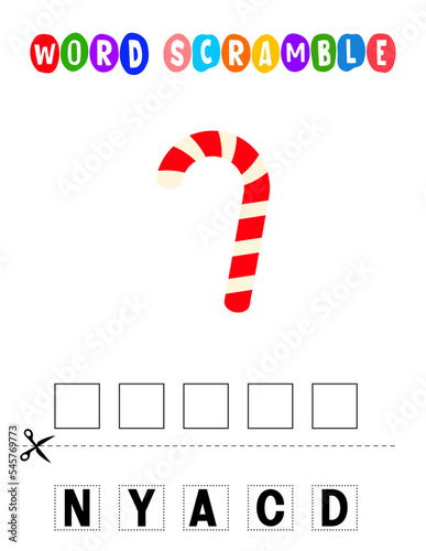 Candy Word scramble . Educational game for kids. English language spelling worksheet for preschool children.