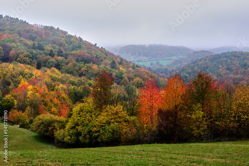 Autumn mountain landscape with forest and colorful trees. Foggy morning. Vrsatec, Slovakia.