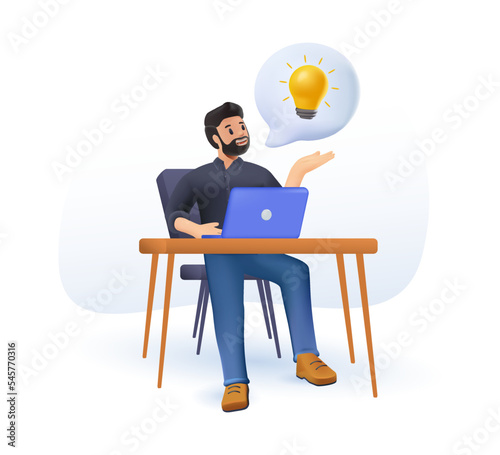 3D Dreaming Character, Thoughtful People Smiling, Young Men Working in Office or home, Study and Relax at Home Dreamy