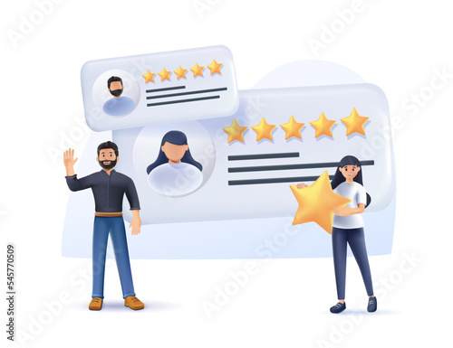 People Characters Giving Five Star Feedback. Vector customer review concepts. Reviews stars with good and bad rate