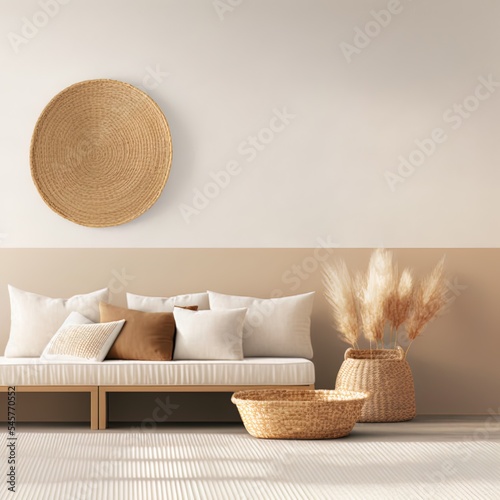 Living room interior wall mockup in warm neutrals with low sofa, dried Pampas grass, caned table, trendy basket and japandi style decor on empty white wall background. 3D rendering, illustration. photo