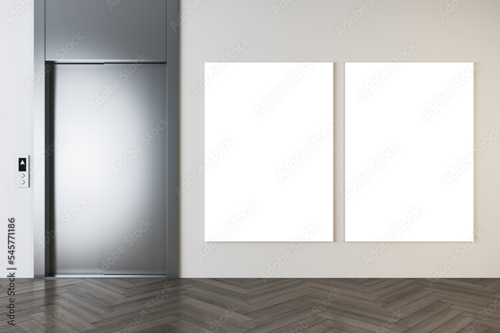 Front view on two blank white posters with space for your logo or text on light beige wall in modern office hall with metallic lift entrance and wooden parquet floor. 3D rendering, mockup Front view on two blank white posters with space for your logo or text on light beige wall in modern office hall with metallic lift entrance and wooden parquet floor. 3D rendering, mockup