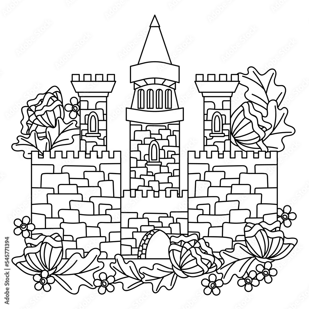 Fairytale castle, Flower Town. Coloring book page for adult and children. Line art design. Vector illustration