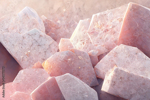 Light Pink Quartz Crystals 3D Visualisation Artwork Amazing Abstract Background. Beautiful Marbled Light Rose Uncut Gem Stones Stunning Photography Fine Wallpaper. Crystalline Mineral Art Illustration photo