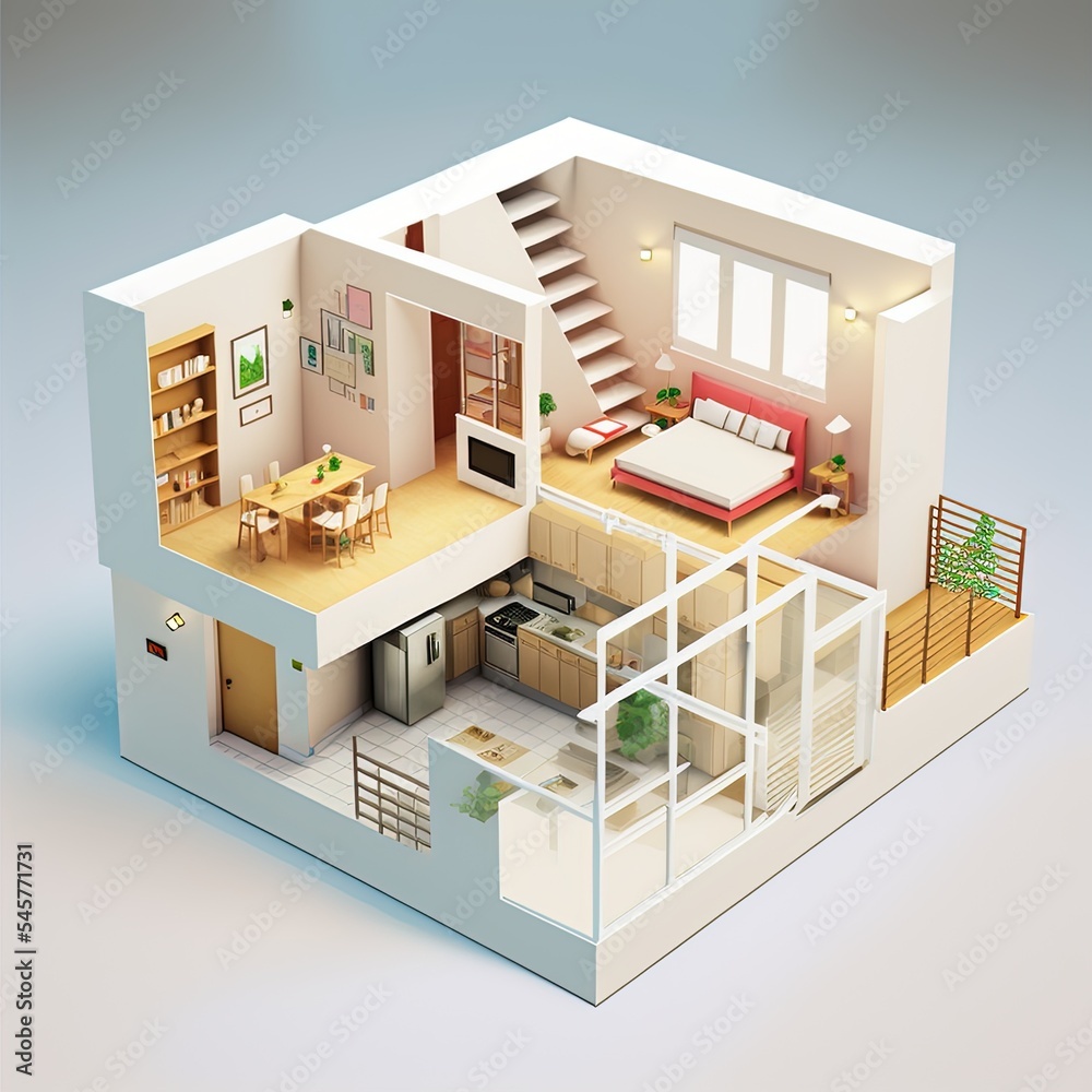 3d interior rendering of oblique empty paper model home apartment room, bathroom, bedroom, kitchen, living room, hall, entrance, door, window, balcony 3d interior rendering of oblique empty paper model home apartment room, bathroom, bedroom, kitchen, living room, hall, entrance, door, window, balcony
