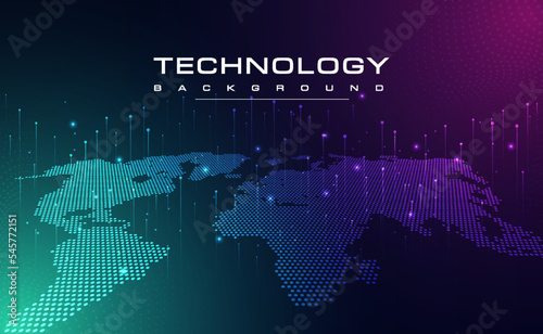 Digital technology blue green background, online cyber media world map, pink abstract futuristic circuit tech, innovation future wifi internet network connection, Ai big data, dot illustration vector