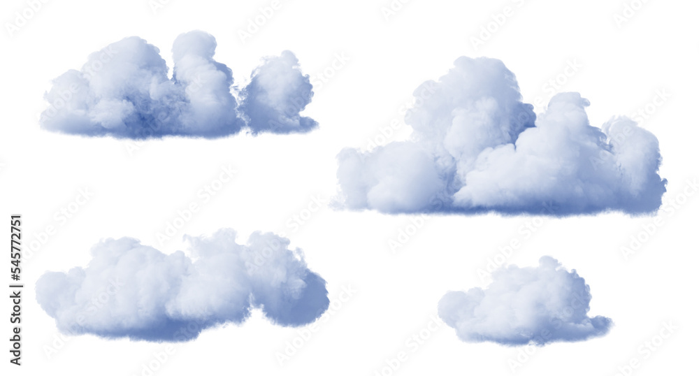 3d render, collection of abstract realistic clouds isolated on white background, weather clip art, design elements