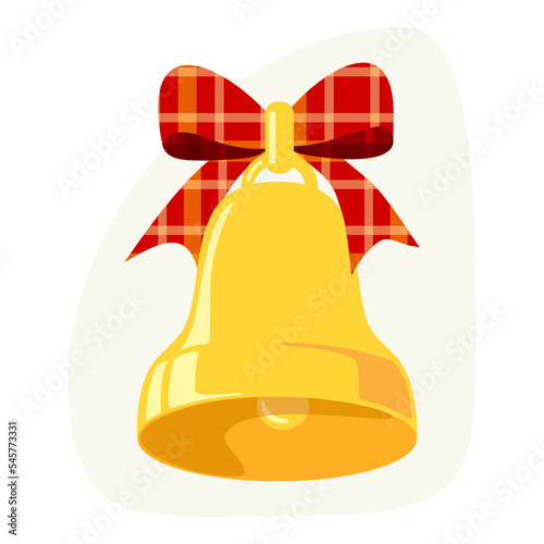 Clip art of golden Christmas bell with red tartan ribbon and bow. Jingle bells illustration on isolated background. Holiday design for decoration and celebration of winter, Christmas or New Year.