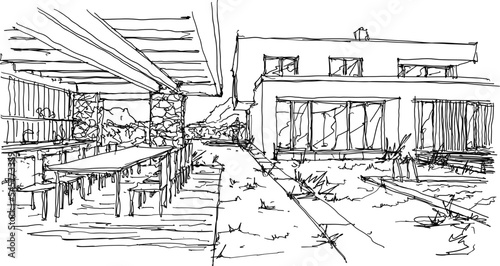 hand drawn architectural sketch of modern two story detached house with flat roof and swimming pool and garden house with table and chairs