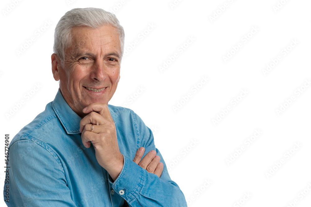 curious man with grizzled hair smiling and wondering curious man with grizzled hair smiling and wondering