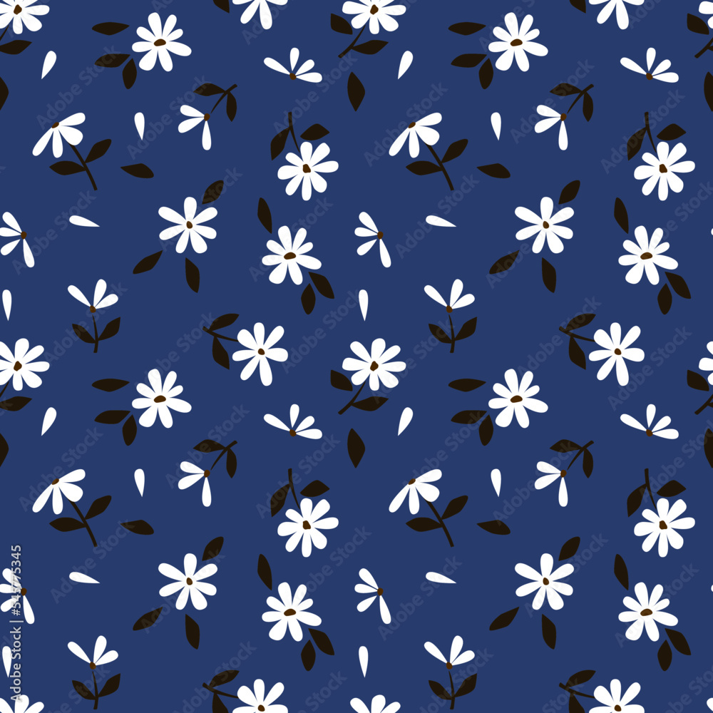Fototapeta premium Seamless background with primitive childish floral pattern. Simple minimalistic cute white flowers in boho style on a blue background. Baby wallpaper for kids room, print for banner, postcard