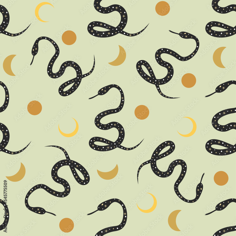 Obraz premium Seamless pattern with snakes, moon and stars. Boho mystical celestial clipart. Vector Illustration.