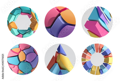 3d render  set of round stickers with geometric mosaic  modern colorful icons for social account design. Abstract circles isolated on white background