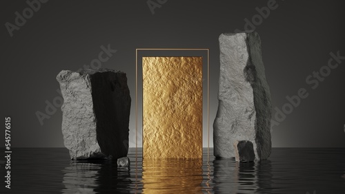 Fotografiet 3d render, abstract background with golden panel and frame, black broken rocks cobble stone ruins standing in the water with reflections
