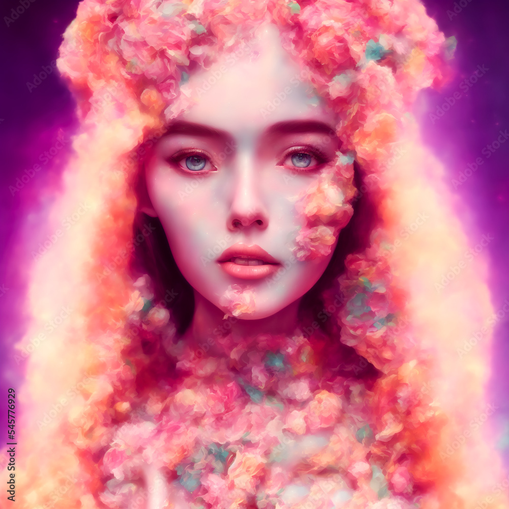 Portrait beautiful goddess woman in flowers Portrait beautiful goddess woman in flowers