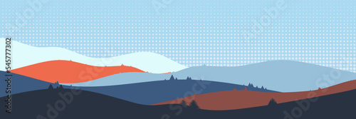 Beautiful landscape. Flat style. Long hills and mountains scenery background design. Nature vector illustration. Suitable for landing pages, banner, web, wall painting and posters.
