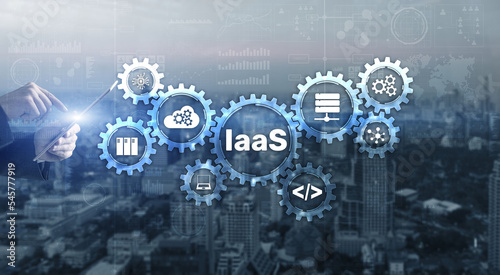 IaaS Infrastructure as a Service. Blue Online Gear Internet and networking concept