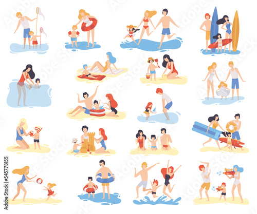 Family at Beach Scene with Father  Mother and Kid Having Fun Splashing in Water Big Vector Set