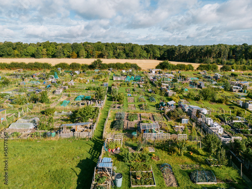 Aerial view of allotments for gardening vegetables