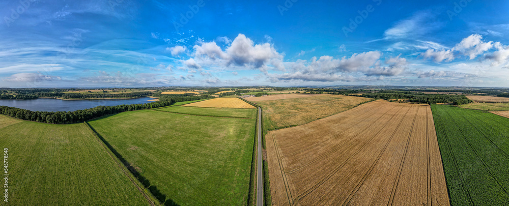 Panoramic Aerial view of Eccup Reservoir and farmland