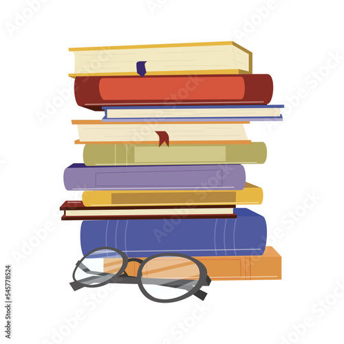 Vector illustration of glasses on top stack books. Stack of books on a white background.