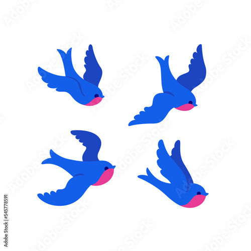 Cartoon swallow icon set. Cute bird in different poses. Vector illustration for prints, clothing, packaging, stickers.