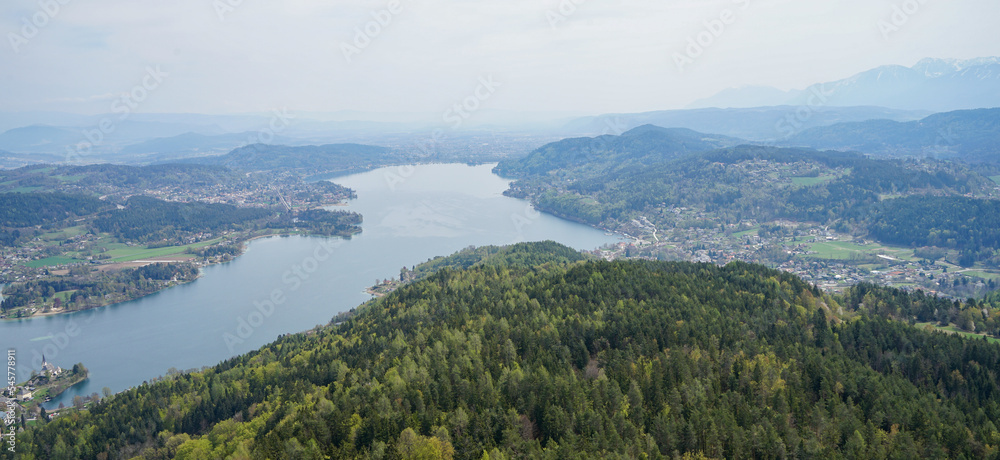 Wonderful panoramic view to beautiful and famous austrian lake woerthersee in carinthia. travel and holiday concept.
