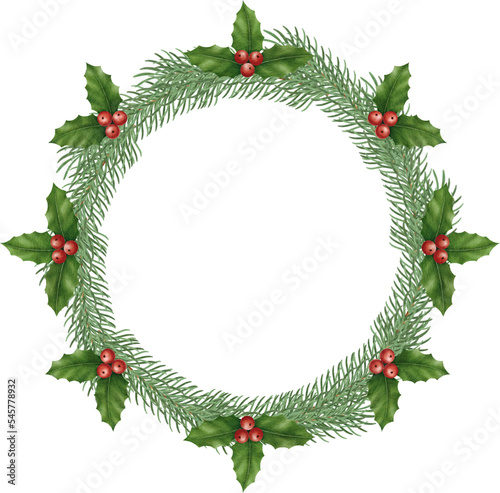 Christmas wreath with holly berries leaves watercolor illustration