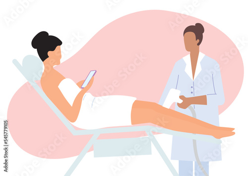 Laser hair removal illustration. Laser epilation cosmetology procedure. Beautician holding a depilation machine and using it on the woman's legs.