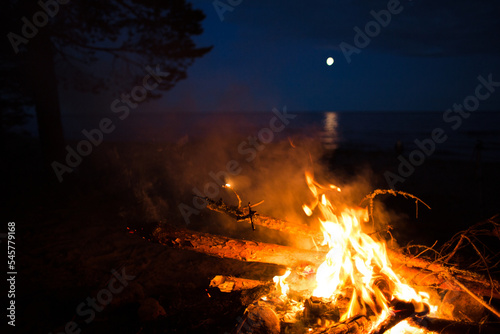 Bonfire at night on the seashore, against the background of the moon and water and wood.