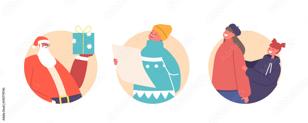 Children Read Poems to Santa Claus Isolated Round Icons or Avatars. Little Girls and Boys Characters with Poetry Children Read Poems to Santa Claus Isolated Round Icons or Avatars. Little Girls and Boys Characters with Poetry