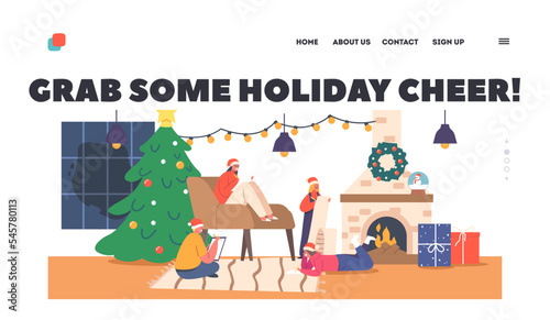 Holiday Cheer Landing Page Template. Children Write Letter to Santa Claus at Christmas Eve. Little Kids Writing Wishes