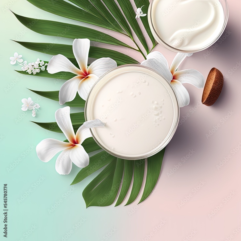 Coconut milk, coffee and yogurt with plumeria flowers and palm leaf
