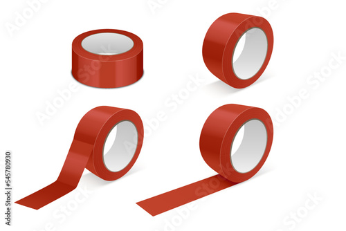 Vector 3d Realistic Glossy Red Tape Roll Icon Set, Mock-up Closeup Isolated on White Background. Design Template of Packaging Sticky Tape Roll or Adhesive Tape for Mockup. Front View