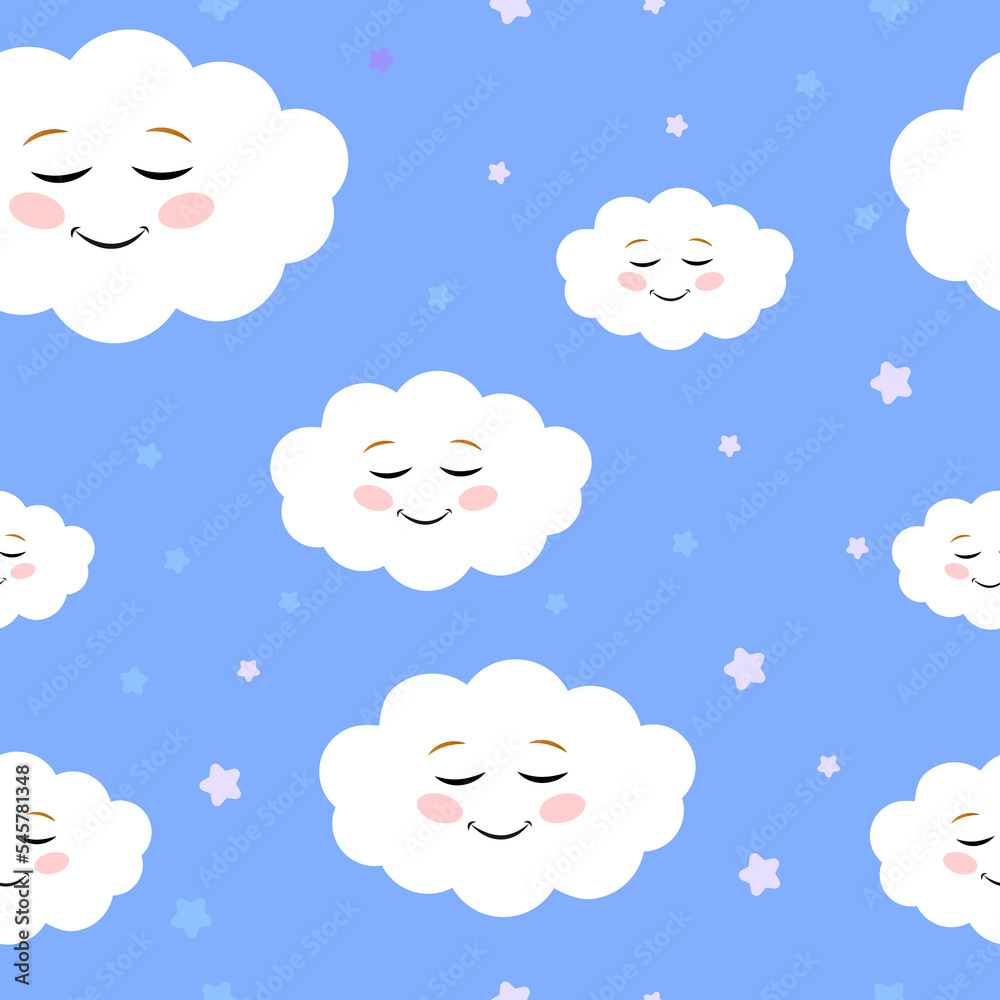 Blue sky vector pattern with smiling clouds. Cute sky seamless design on a blue background. Blue sky vector pattern with smiling clouds. Cute sky seamless design on a blue background.