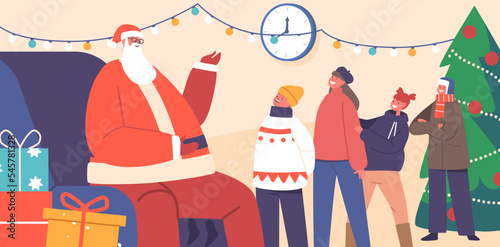 Children Read Poems to Santa Claus at Decorated Christmas Tree. Little Girls and Boys Characters Stand in Queue