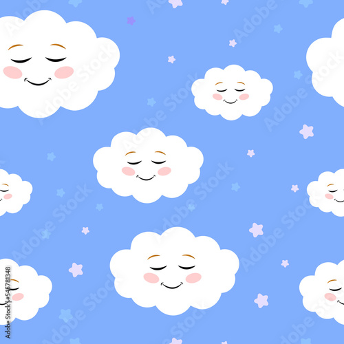 Blue sky vector pattern with smiling clouds. Cute sky seamless design on a blue background.