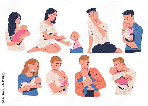 Happy parents and their babies set. Mom and dad hugging newborn baby expressing love and care cartoon vector illustration