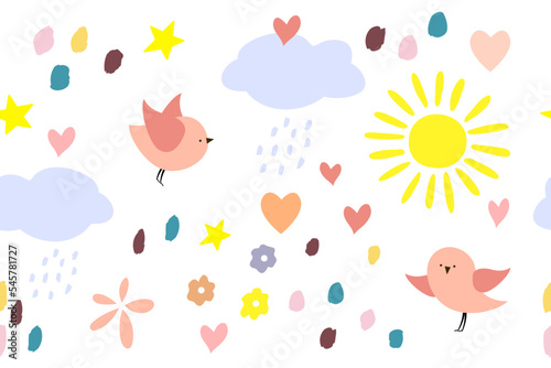 seamless childish pattern of sun, clouds, birds, hearts doodle drawing hand sketch. Children's drawing. Print for children's clothing, fabric, paper